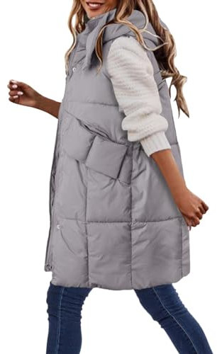 WILMOT Lang Jacke Weste Damen Daunenweste mit Kapuze Reißverschluss Winter Warm Steppweste Ärmellose Lange Übergangsweste Longweste Leicht Winterjacke Winterweste Daunenmantel(Grey,M)