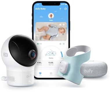 eufy Baby S340 Smart Sock Babyphone, 2,4 GHz WLAN, Überwachung von Schlafmustern, Nickerchen, Puls & Blutsauerstoff, 2K-Kamera, KI-Weinerkennung, Schwenk- & Neigefunktion, Ohne Monatliche Gebühren