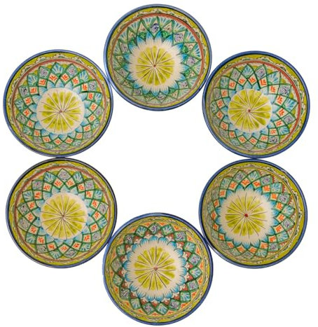 PODARI 6 Keramikschalen 600 ml Kosa Ø 15,5 cm Muster (Grün-Blau) - Traditionelle Usbekische Keramikschüsseln mit handbemaltem Design | Salatschüsseln | Schale Bunt Keramik