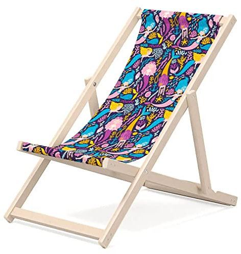 Outentin Kinder Liegestuhl für Garten - Premium Liegestuhl Holz für Balkon und Strand - Sonnenliege - Modernes Design - Kinder Outdoor - Motiv Meerjungfrauen