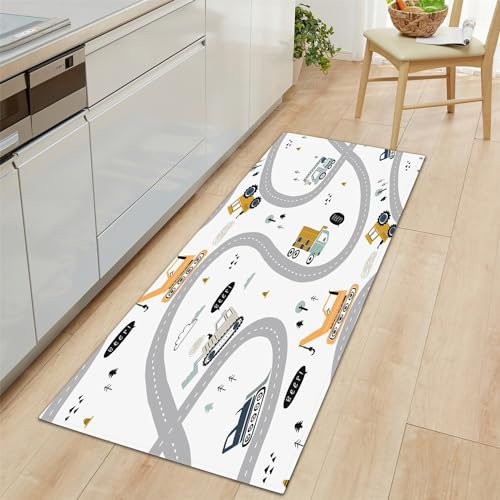 Teppich Läufer Flur rutschfest Teppich Läufer 60x120cm, Cartoon-Bagger Teppich Waschbar Weiß Teppichläufer Flur Läufer Teppich für Flur, Küche, Schlafzimmer