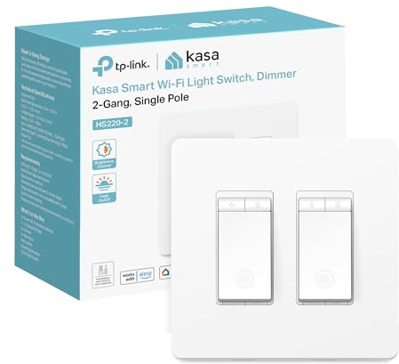 Kasa Smart Dimmschalter 2-Fach HS220-2, einpolig, benötigt Neutraldraht, 2,4 GHz WLAN Lichtschalter kompatibel mit Alexa und Google Home, UL-zertifiziert, kein Hub erforderlich, Weiß