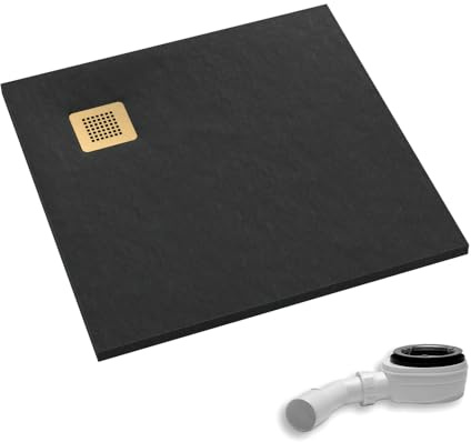 AQUABAD Duschwanne/Duschtasse Palast mit LeakProtect Technologie Black Stone 80x80cm Quadrat - Blende: gebürstetes Gold | inkl. Ablaufgarnitur/Siphon