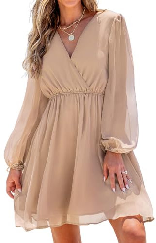 CUPSHE Women's Floral Print Chiffon A-Line Mini Dress Long Peasant Sleeves Elastic Autumn Dress Light Apricot M