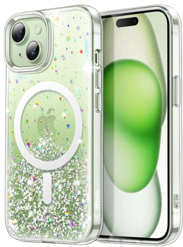 JETech Cover Glitter per iPhone 15 6,1 Pollici Compatibile con MagSafe, Trasparente Carino Bling Scintillante per Donne e Ragazze, Custodia Magnetica Antiurto Lucida (Verde)