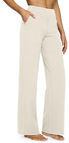 G4Free Yoga Pants with Pockets Wide Leg Trousers for Women UK Dress Ladies Stretch Work Trousers Casual Joggers Petite Ivory,L