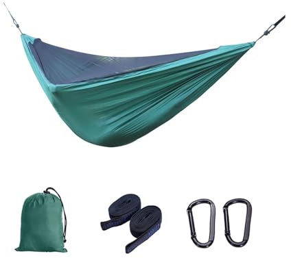 Hamac de camping léger pour 2 personnes avec moustiquaire 2,8 x 1,4 m, sangles d'arbre et sac à dos inclus, parfait pour balancelle en plein air et jardin Turquoise