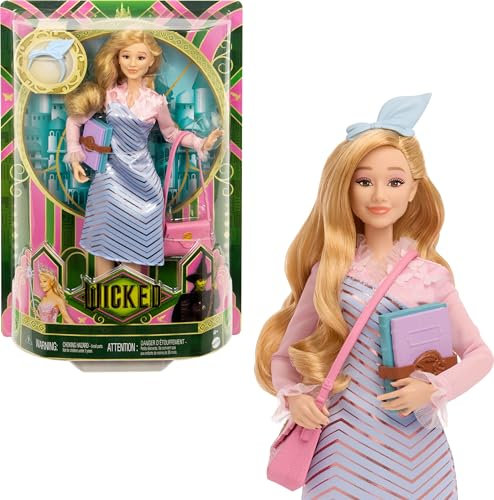 Mattel Bambola universale Wicked Glinda alla moda e accessori con capelli biondi acconciati, disposizione e look uniforme scolastica rimovibile
