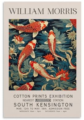 William Morris Blumen Wandkunst Koi Fisch Pflanze Poster Leinwand Wandkunst Farmhouse Galerie Ästhetik Raumdekor für Schlafzimmer Badezimmer 40 x 60 cm (16x24 Zoll)