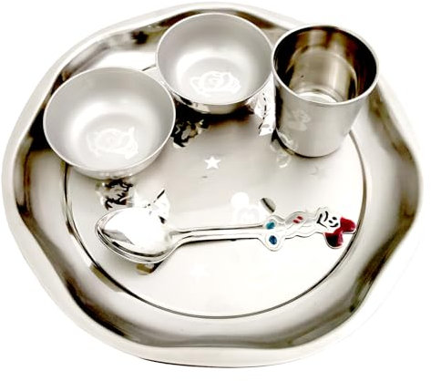 GRAINEX ENGINEER Little King - Vajilla de acero inoxidable para niños, juego de 5 piezas con plato, cuencos, vaso y cuchara, ideal para niños, color plateado