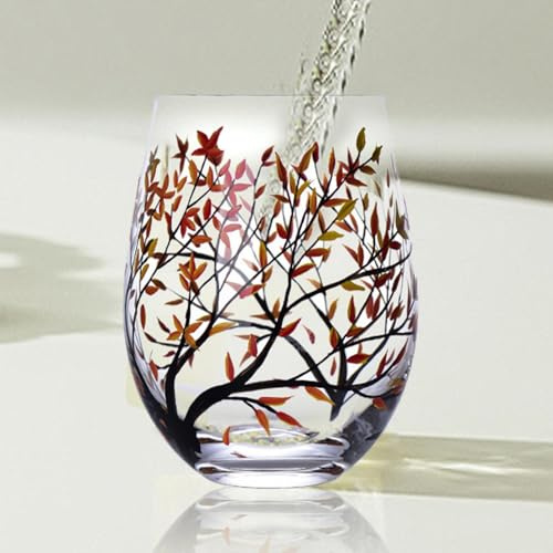 Four Seasons Tree Collection de verres à vin sans pied peints à la main avec couleurs printemps/été/automne/hiver, motif floral et feuilles pour cocktails
