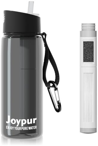 joypur Gourde filtrante eau non potable Bouteille d'eau extérieure avec filtre650 ml Filtre à eau de survie avec 5 couches de matériaux filtrants pour le sport Camping Randonnée, Gris