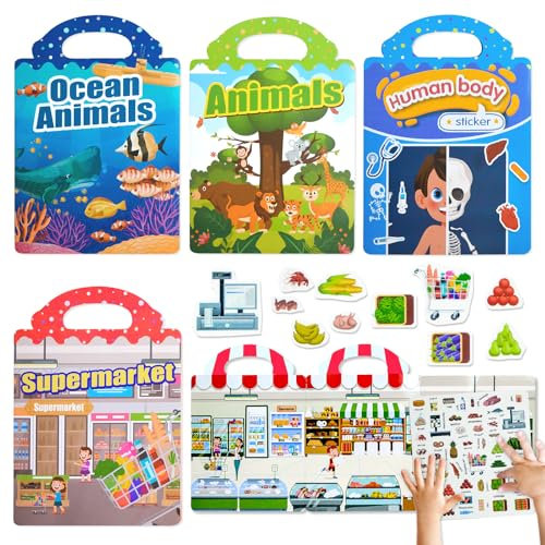 4 Stück Wiederverwendbar Stickerbuch ab 2 3 4 Jahre Mädchen Jungen: 120+ Pcs 3D Puffy Stickers Books Kinder Reisespiele Lernspiele Kinderspiele Geburtstagsgeschenk für Kleinkind Geschenk Spielzeug