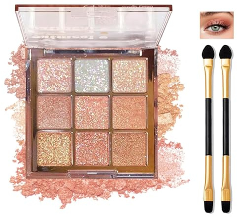 Lasmate 9-Pan Warm Rosy Copper Champagne Eyeshadow Palette with Two Dual-Ended Brushes - Shimmer and Glitter Finish for Everyday and Special Occasion Makeup on Green or Light Coloured Eyes
