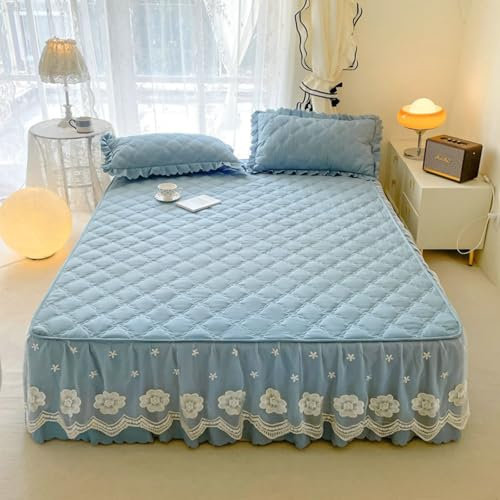 Gualiy Betthusse 180x200cm, Bettrock Blau Einfarbig mit Bestickten Blumen - Polyester Baumwolle
