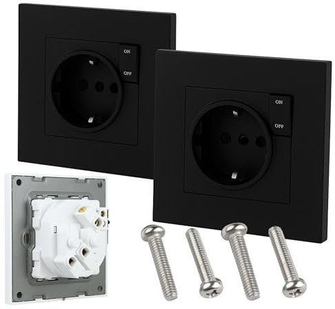 BAYON Enchufe con Interruptor de Pared Negro (Pack de 2) - Controla tus Dispositivos y Ahorra Energía - Mecanismo Empotrable con Toma de Corriente Schuko