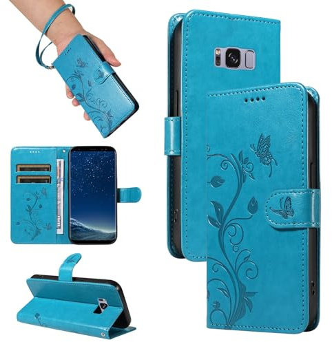 HUANGTAOLI Case for Samsung Galaxy S8, Kickstand and 2 Card Slots, 360 Degree Protection Shockproof PU Leather Phone Case, Foldable and Scratch Resistant, Blue