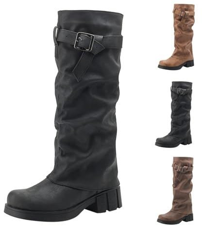 Stivali occidentali da donna con punta rotonda – Stivali alti al ginocchio da donna pieghevoli – Stivali da cowboy con fibbia a gambo lungo in pelle scamosciata, stivali alti con plateau, Nero , 42 EU