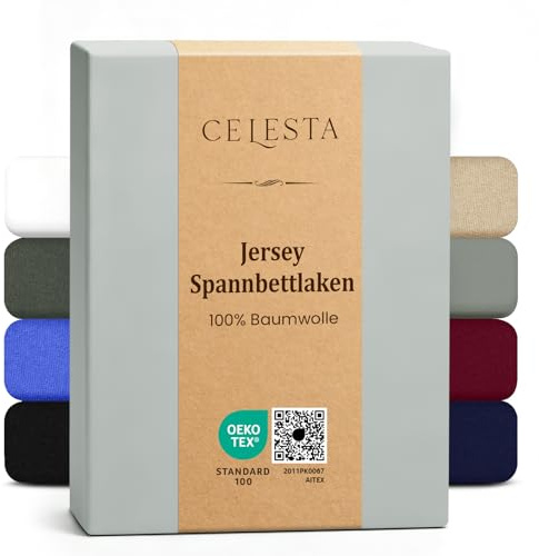 CELESTA Spannbettlaken 180x200cm 100% Baumwolle, Oeko-TEX Zertifiziert | Bettlaken 100% Jersey Baumwolle, Spannbetttuch 180x200, Matratzenhöhe bis 25 cm für Boxspringbett, Hellgrau