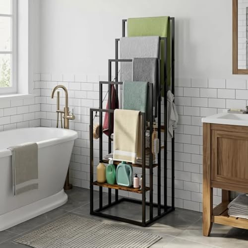 Freestanding Towel Rack,Towel Holder Drying Stand with 5 Towel Rails and Wooden Storage Shelf,Space-Saving Metal Frame Bathroom Accessory Organizer with 4 Hooks,for Bath&Hand Towels,for Home,Bathroom