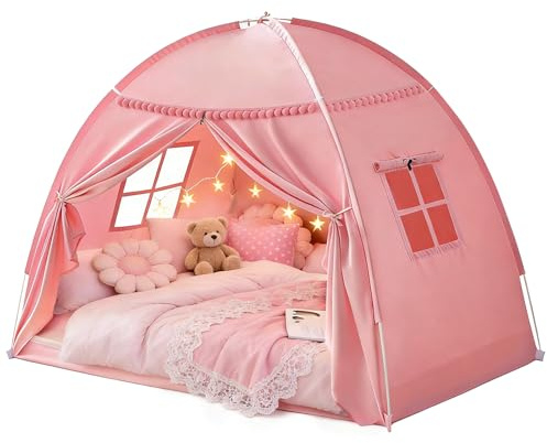 Bettzelt Twin Size für Mädchen & Jungen - Indoor Privatsphäre Kleinkind Schlafendes Tipi mit Verdunkelungsdesign, atmungsaktives tragbares Bettzelt für zugige Räume, Hüttenboden Camping (Twin Pink)