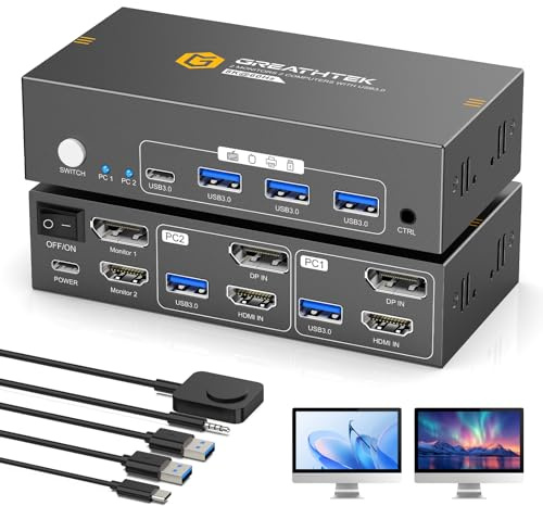 8K HDMI+Displayport KVM Switch 2 Monitors 2 Computers 8K@60HZ Dual Monitors KVM Switcher for 2 PC/Laptops Share Keyboard&Mouse,with USB3.0 Ports/Wired Controller, EDID Adapative