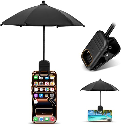 Phone Umbrella for Sun Shade, Updated Clip On Mini Phone Umbrella Anti-Glare Cellphone Screen Protector with UPF 45+ Black Anti-UV Coating Gifts for Beach Pool Tanning Car Travel Vacation Essentials