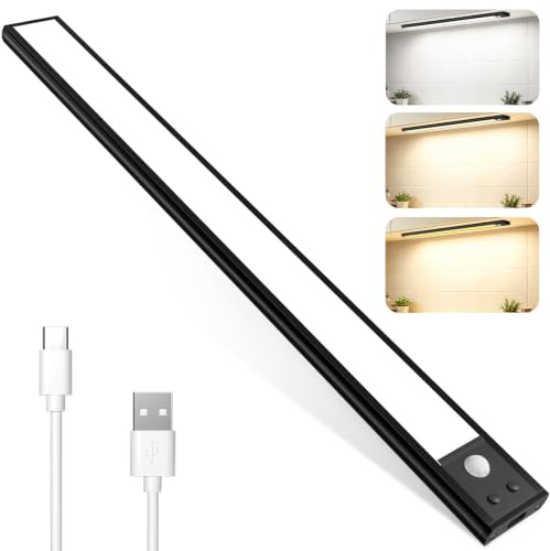 JVURICE Schrankbeleuchtung Led Lampe mit Bewegungsmelder - 40cm 3000mAh Schrankbeleuchtung Unterbauleuchte Dimmbar 3 Farbe 4 Modi Küche Licht Leiste Aufladbar Magnetische Einfach (Schwarz-40CM)