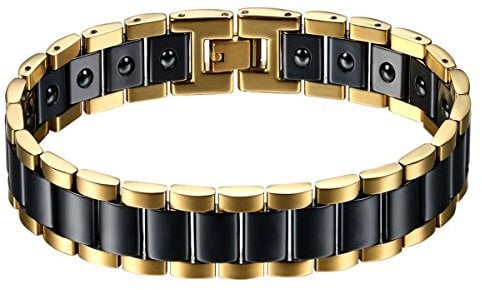 JewelryWe Schmuck Herren Magnet Armband, Edelstahl Keramik, Fashion I Rechteck Link Magnetarmband Armreif, Gold Schwarz