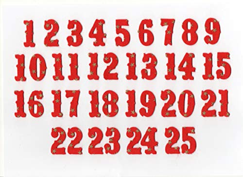 Advent Numbers 1-25. Iron On Fabric (No Sew) Red with Small Gold Stars
