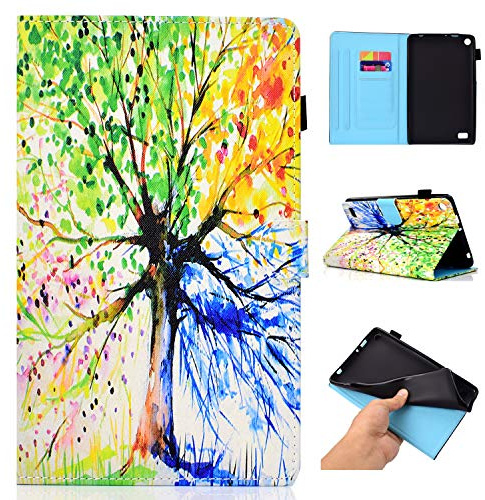 Nouvelle Fire 7 2017 Coque (Compatible avec 5ème génération 2015) étui Flip en Cuir Super Fin et léger et Pliable avec Sommeil/Reveil Automatique pour Kindle Fire HD 7 Tablet Étui Housse, Arbre