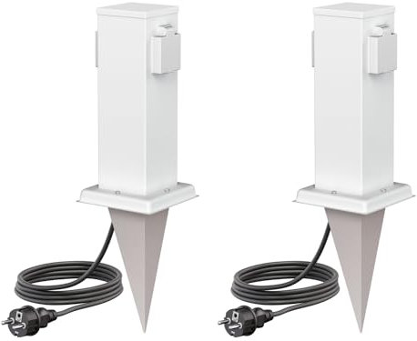 ledscom.de 2 Stück Garten-Steckdosen-Säule Polly mit Erdspieß und 2m Kabel für außen, 2-Fach, Edelstahl, eckig, weiß, 27cm