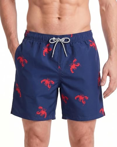 maamgic Homme Short de Bain Maillot Classique Design Tropical pour Vacances Voyage en Eté sur la Plage, Bleu foncé Écrevisse XXL