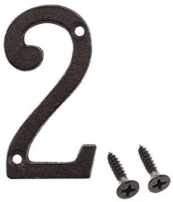 Betorcy Numero civico da 7,6 cm, per esterni, in ghisa, per porta del giardino, decorazione con viti, nero numero 2