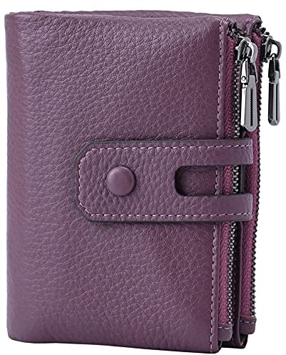 Bveyzi Klein Geldbeutel Damen elegant Geldbörse aus echtem Leder Portemonnaie mit RFID Schutz in schönen Farben und viele Fächer mit Druckknopf und Reißverschluss (Dunkelbraun)