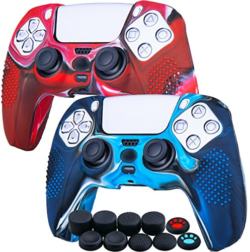 YoRHa Tachonado silicona caso piel Fundas protectores cubierta para PS5 Mando x 2 (Camuflaje Rojo + Azul) Con PRO los puños pulgar thumb gripsx 8