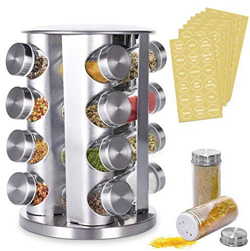 TWBEST Étagère à Épices en Acier Inoxydable,Carrousel à épices pour,Étagères Rotativesavec 12 Pots en Verre, Support de Stockage d'épices Rotatif et Pots à Épices en Verre Épaissis avec Capuchon