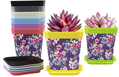 Lot de 8 pots de fleurs carrés en plastique violet de 7 cm avec palette et plateaux