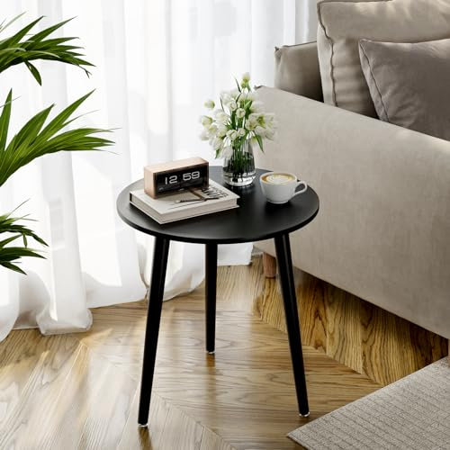 APICIZON Black Side Table, Round Coffee Table, Small End Table for Living room, Bedroom, Small Space, Wooden Bedside Table, Easy Assemble, 51(H) x 42(D) cm