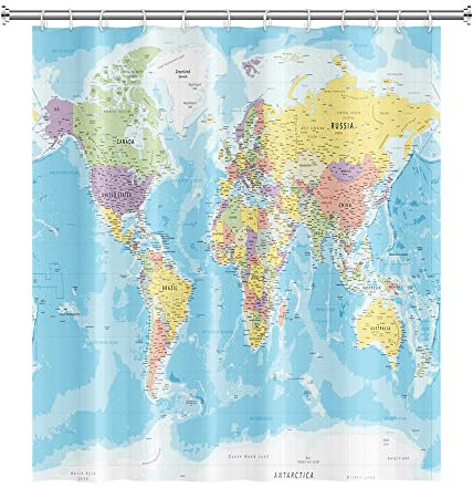 SDOTPMT 140x183cm Weltkarte Duschvorhang Länder und Städte Geographie Bad Vorhang Kinder Educational Themed Blue Ocean Badewanne Vorhang für Badezimmer Dekor mit Haken
