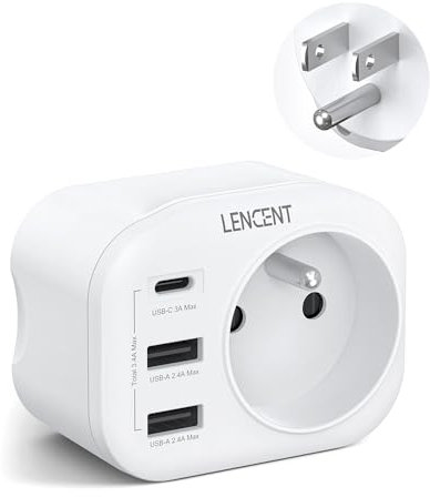LENCENT Adaptateur Prise USA Américaine Canada Mexique Thaïlande Adaptateur de Voyage 2 Ports USB et 1 Port USB-C adapté aux États-Unis, Adaptateur électrique Mâle USA/Femelle France, Type B