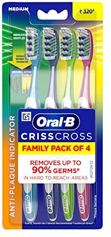 Oral-B Criss Cross Deep Clean Medium Bristles Manual Toothbrush For Adults,Tongue Cleaner, Multicolour Tooth Brush Set, Oral B Dentist Recommended Brand (Family Pack of 4)