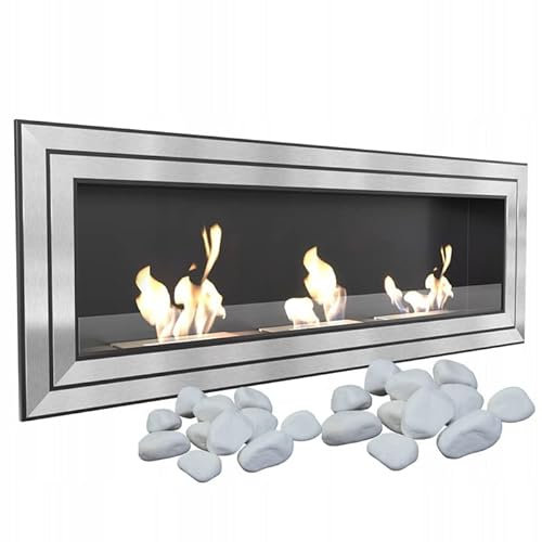 KRATKI Juliet 1800 Bioethanol Kamin Wandmontierte FeuerstelleBiocontainer 1,5 l, TÜV-Zertifiziert, schwarz und polierter Stahl, 180 x 65 cm, Plus 2 kg Deko-Kiesel mit Glasur