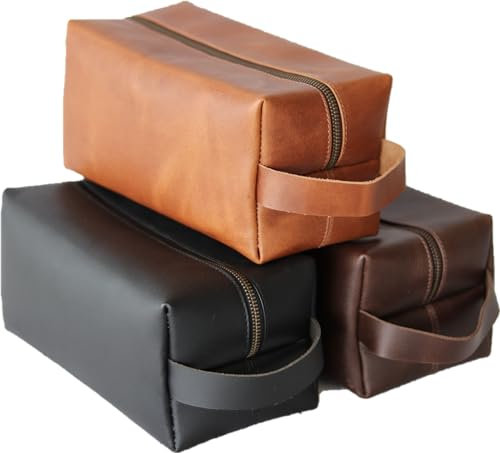 Vellaire Kulturbeutel aus Leder für Männer, handgefertigte Echtleder-Dopp Tasche, Badezimmer-Organizer, Rasier-Dopp Kit, Kosmetiktasche für Männer und Frauen, 1 hellbraun, Kulturbeutel aus Leder