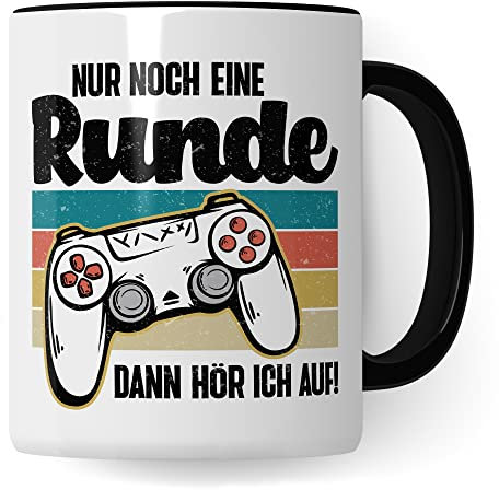 Tasse Gamer, Nur noch eine Runde - dann hör ich auf! Geschenkidee für Computerspieler, Gaming-Fans und Zocker Kaffee-Becher Nerd Gaming Kaffeetasse mit Spruch lustig Geschenk (Weiß/Schwarz)
