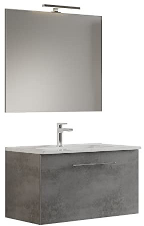 MaMa Store GEA1 60 - Mobile Bagno Sospeso 60 CM monocassettone Grigio Cemento con Lavabo, Specchio e Lampada LED, L.62 X P.46 X H.45 cm
