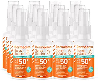 SORIFA - 12 Stück – Dermécran – Sonnenspray SPF50+ – Gesicht und Körper – Formel Ocean Friendly – wasserfest – für die ganze Familie ab 3 Jahren – Spray mit 50 ml
