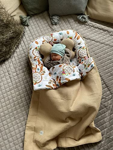 Traumfänger BOHO/Waffelpique TAUPE Babynest Babyaustattung Neugeborene Baby Unterlage Reisebett Nestchen SOLO/o. in Geschenk SETS (Nestchen + DECKE (80x100cm) + Schmetterling)