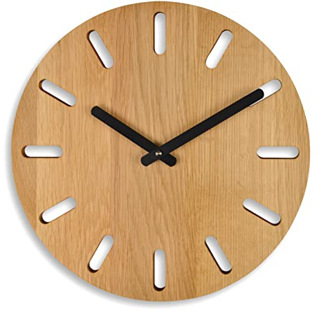 Natuhr Wanduhr Eiche geölt Holz – Commas - Massivholz, geräuscharmes deutsches Uhrwerk, puristisch, modern, 30 cm Durchmesser