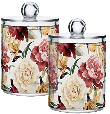 Quteprint 2 Stück Qtip Halter Spender, Floral Flowers Rose Art Clear Plastic Jar Badezimmer Canister Aufbewahrung für Wattestäbchen, Wattebällchen, Zahnseide-Picks, Haarspangen, Make-up-Schwämme